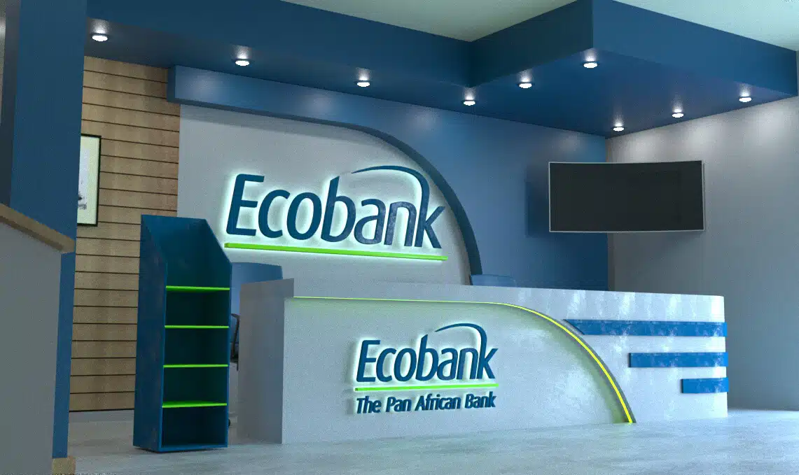 A front desk with the text "Ecobank" written across the wall and the desk