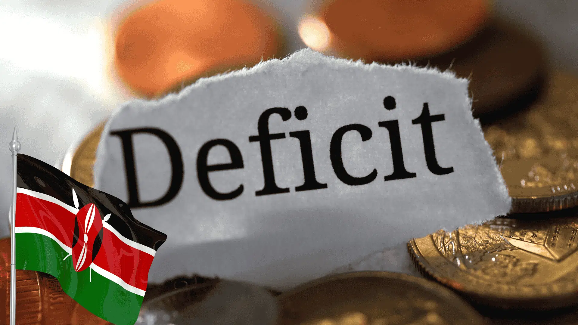 Kenyan flag in the foreground, Deficit text written ona a white paper behind, and coins in the background.