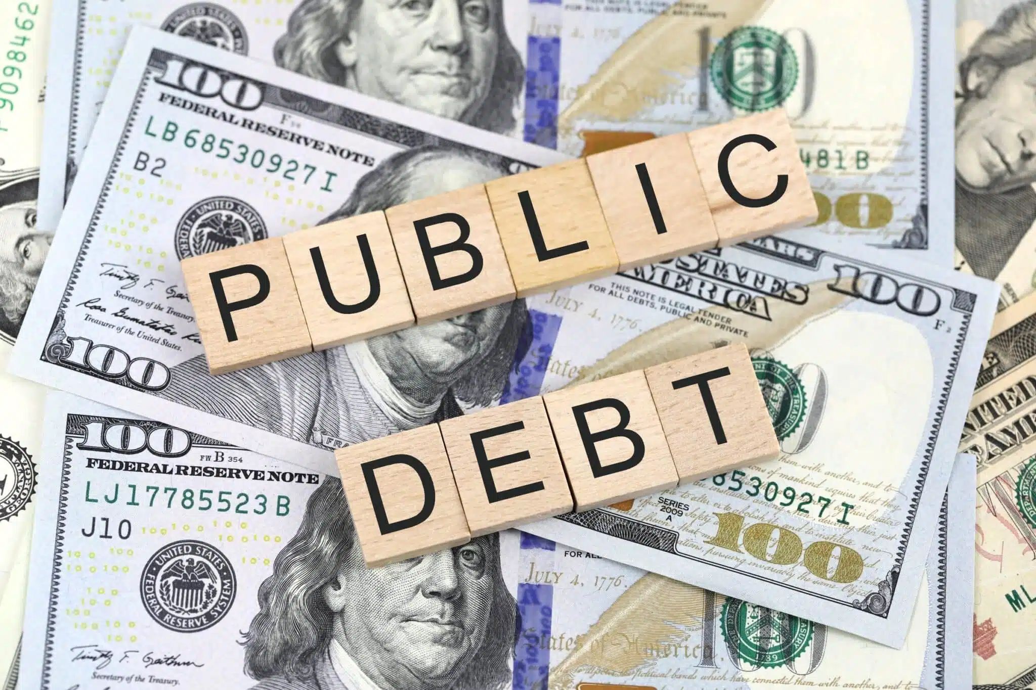 Small wooden cubes with the text "Public Debt" etched on them, resting on dollar notes
