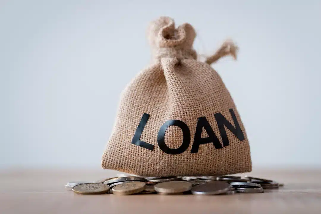 A closed wool sack labelled "Loan" resting on a small stack of coins.
