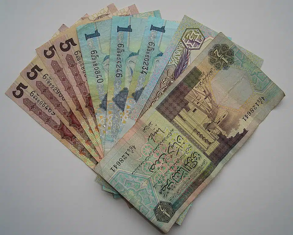 Libyan dinars in small denominations fanned out on a flat surface