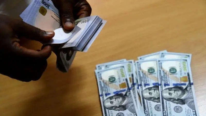 A person counting 1,000 naira banknotes beside a few 100 US dollar bills laid on a wooden table