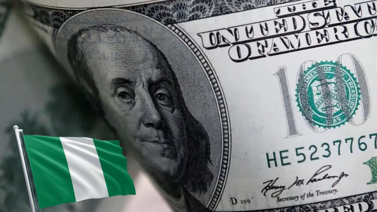 A Nigerian flag on a pole placed on a image of a close up shot of a 100 dollar bill