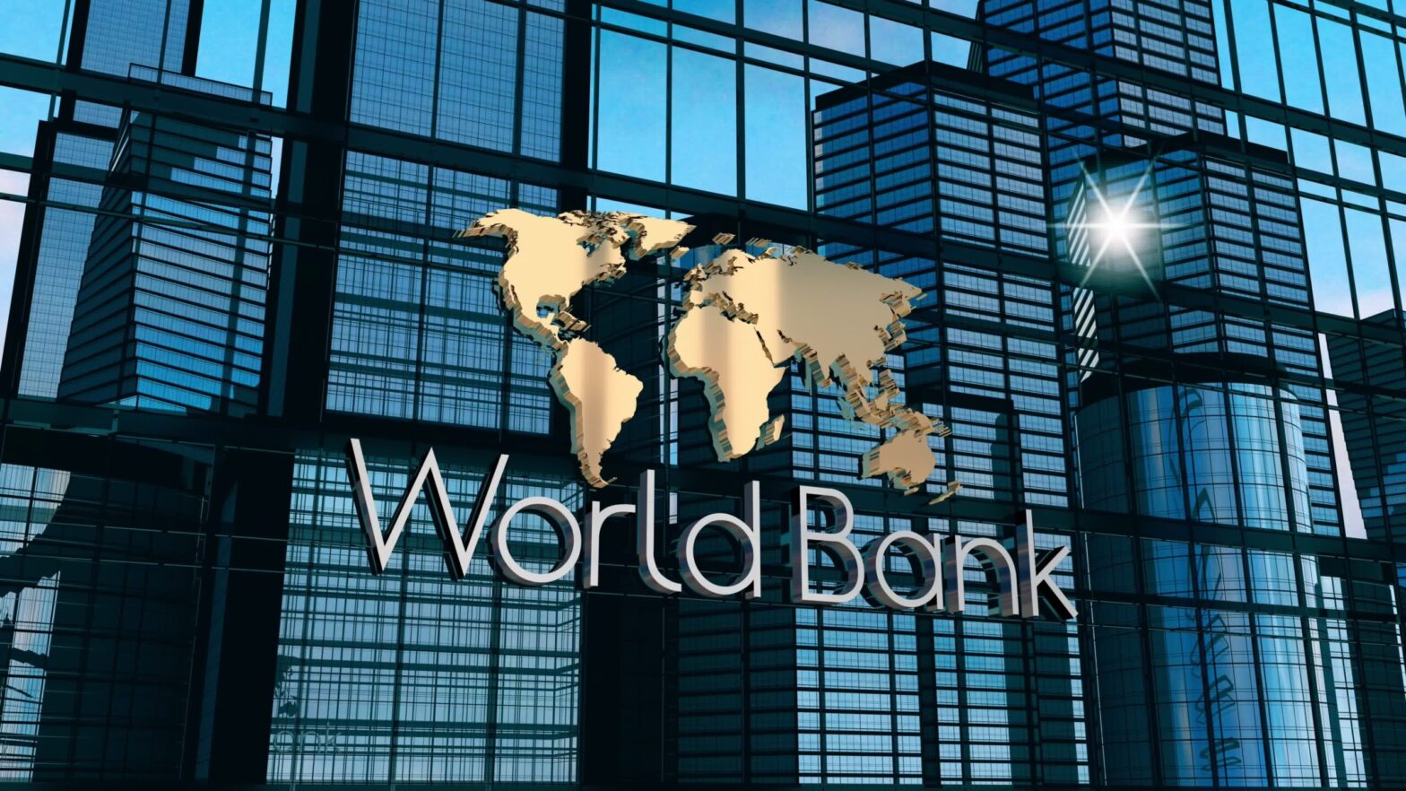 World Bank banner on office building and a world map