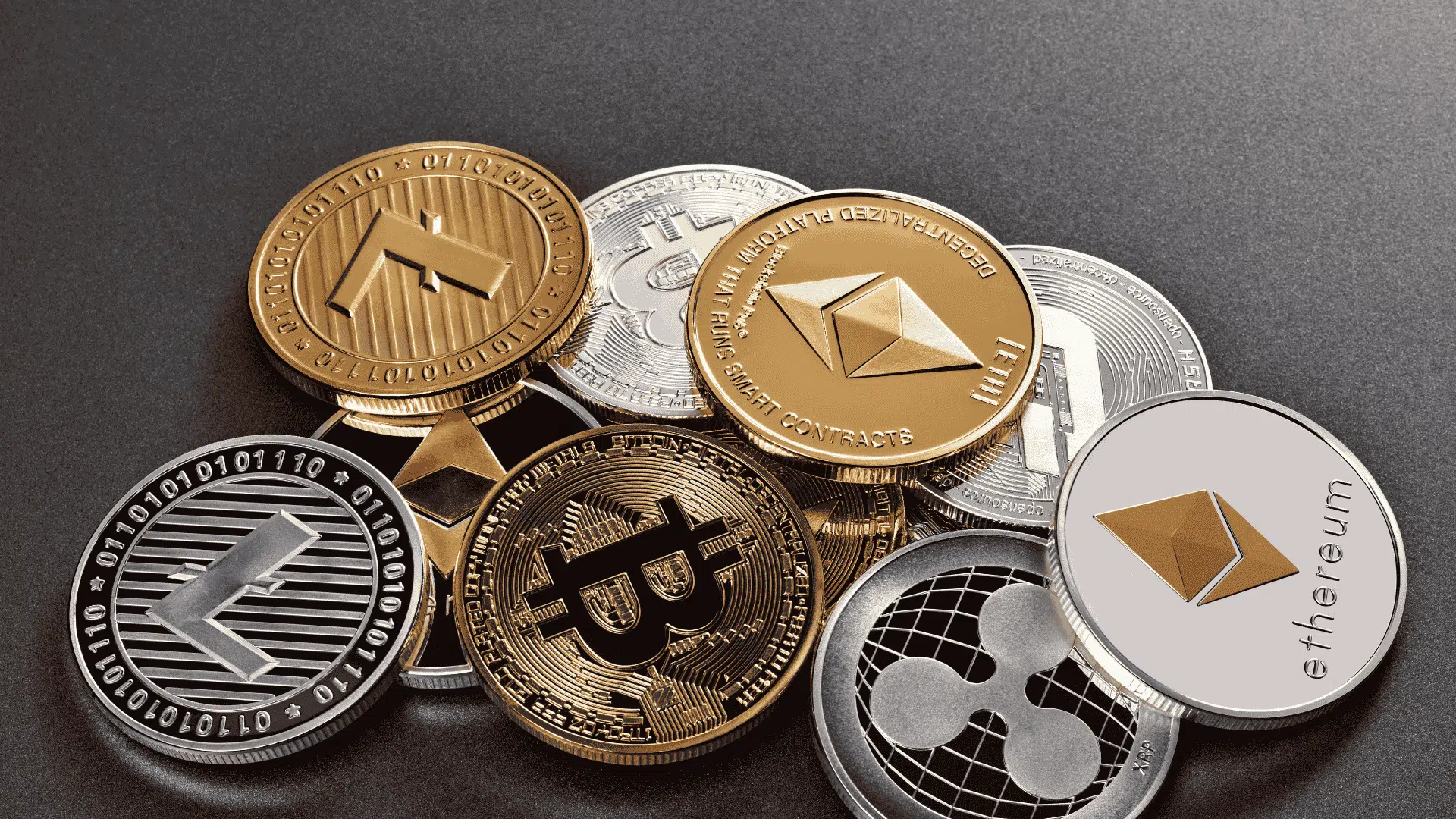 a group of coins with different symbols