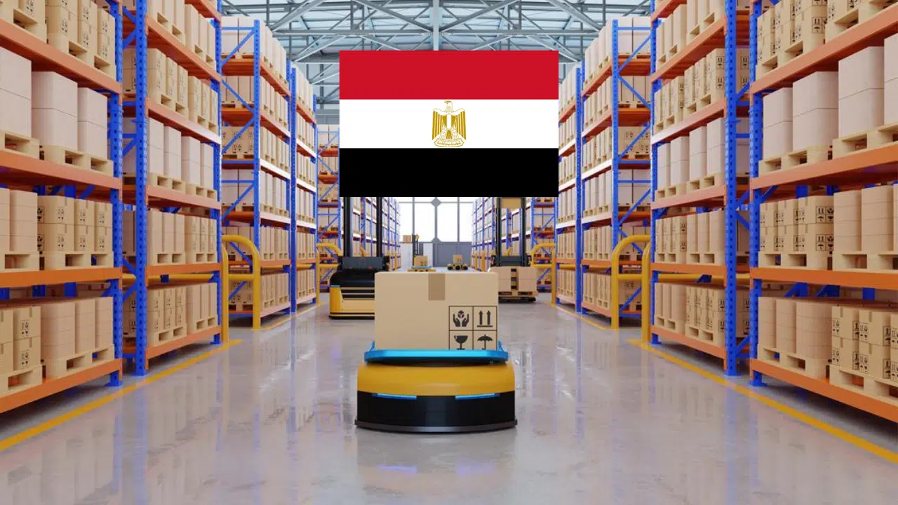A full warehouse with autonomous machines carrying boxes. An Egyptian flag was placed on the image for illustrative purposes