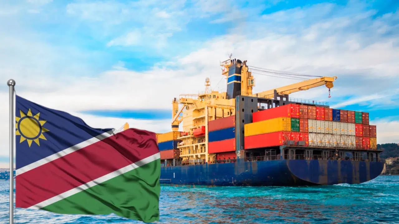 A cargo ship loaded with various sizes of freight containers, with the Namibian flag superimposed on the image symbolising trade