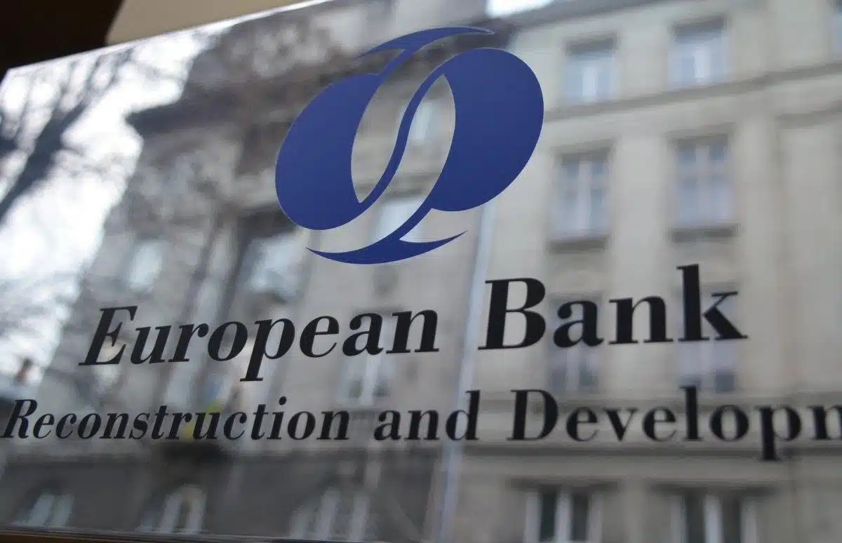 The logo of the European Bank of Reconstruction and Development on a glass structure