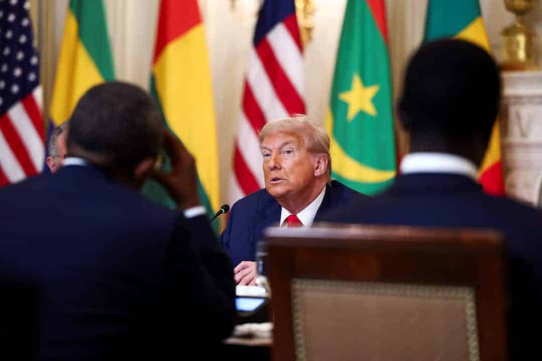 US President Donald Trump hosts a lunch for African leaders of Gabon, Guinea-Bissau, Liberia, Mauritania, and Senegal in the State Dining Room at the White House in Washington, D.C., U.S., July 9, 2025.
