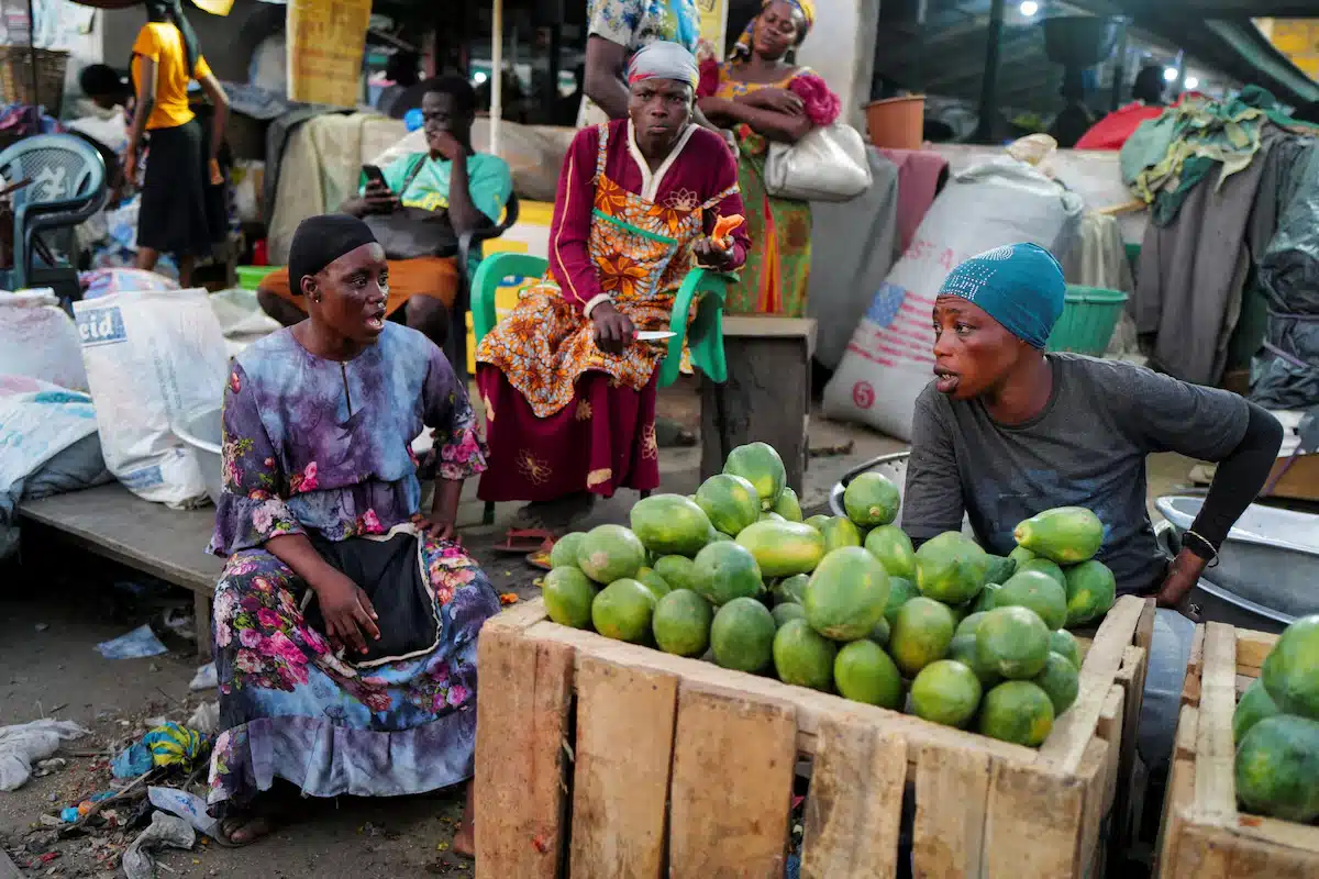 Market women interact at the Agbogbloshie market in Accra, Ghana.