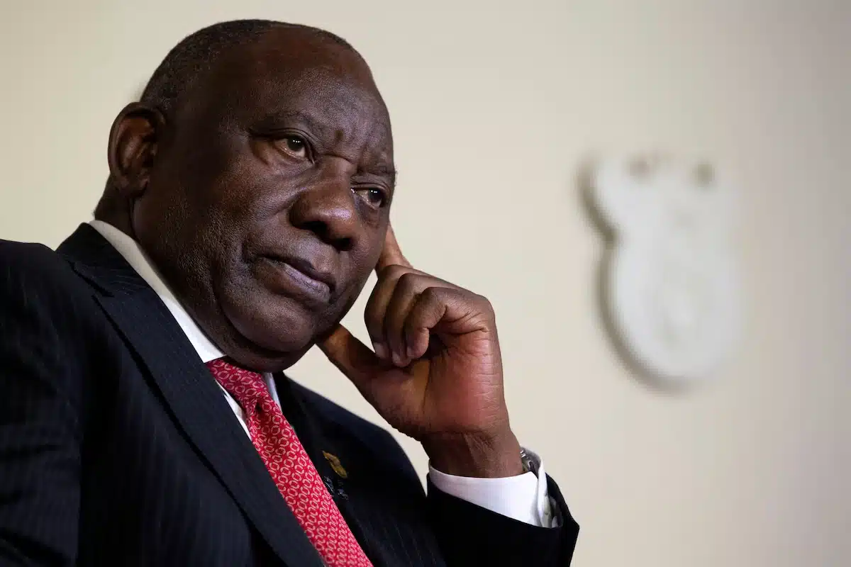 South Africa's President Cyril Ramaphosa looks on during a media briefing, at the Union Building in Pretoria, South Africa