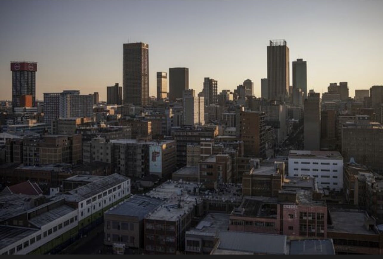 Commercial office buildings and high-rise towers in the central business district of Johannesburg, South Africa.