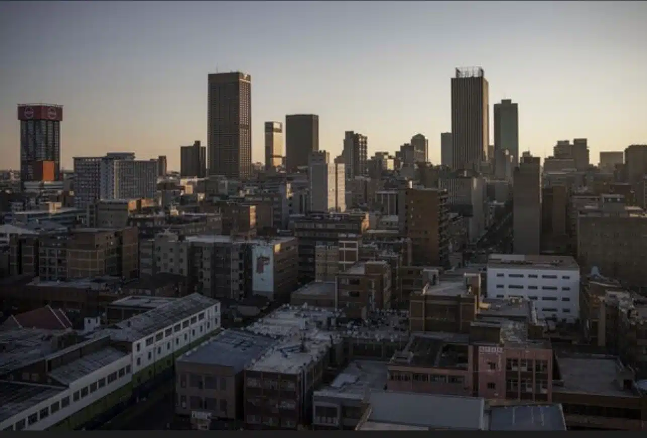 Commercial office buildings and high-rise towers in the central business district of Johannesburg, South Africa.